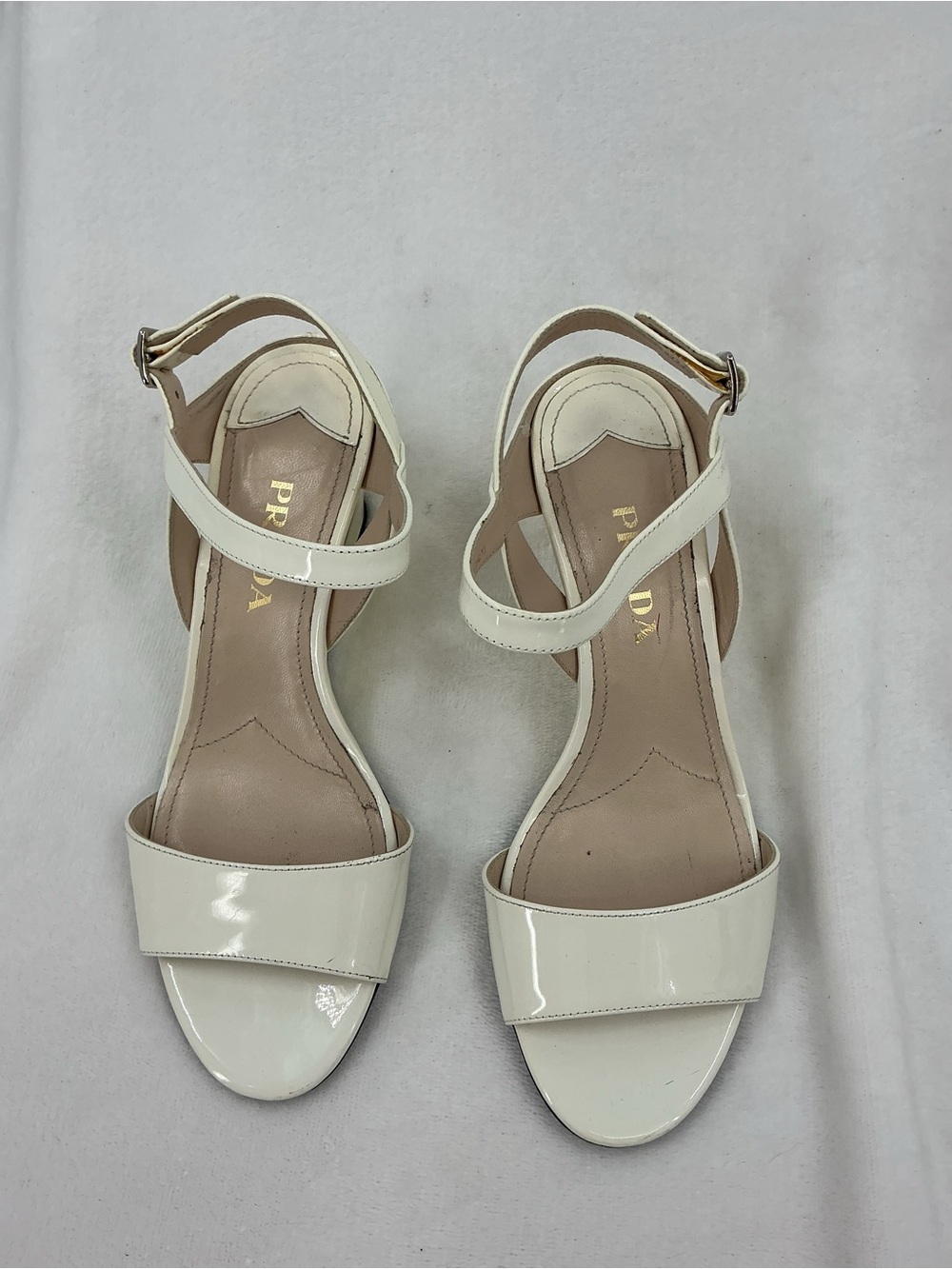 Prada Cream Patent Leather Ankle-Strap Heels B51